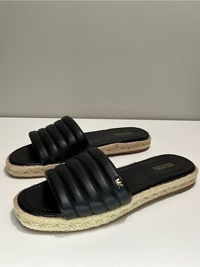 MICHAEL KORS Black Puffy Leather Espadrille Slide Sandals MK Logo Size 7.5